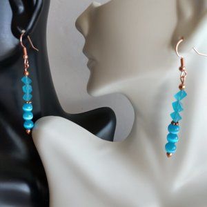 Aqua Blue Agate Earrings On Copper Plated Brass Fishhooks Handmade 2.5 Inches